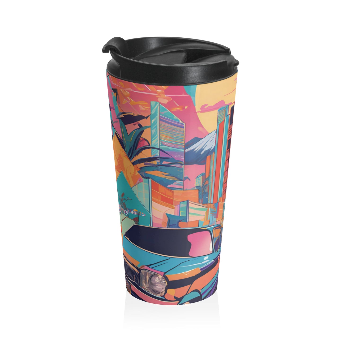 Colorful Retro Travel Mug - Vibrant Cityscape Design for Adventurers