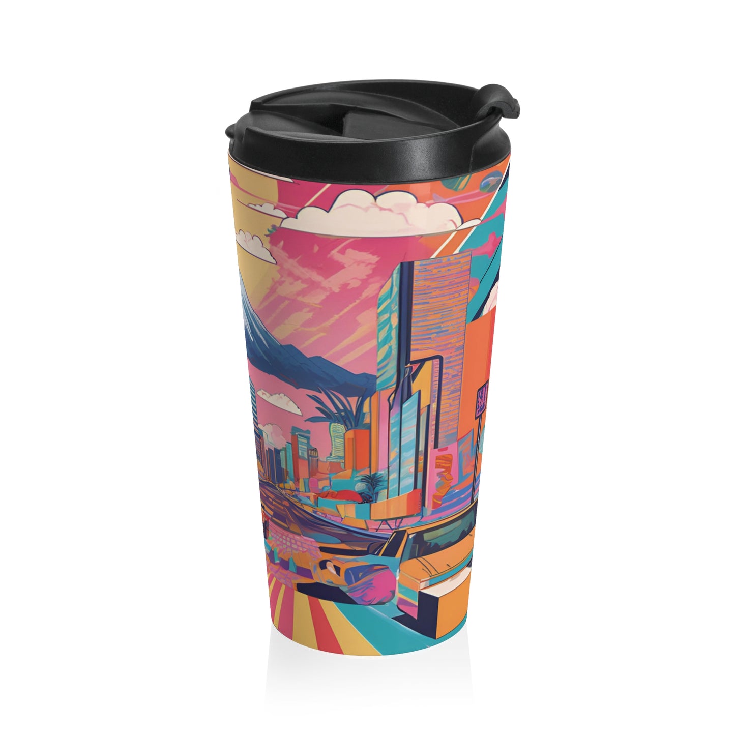 Colorful Retro Travel Mug - Vibrant Cityscape Design for Adventurers