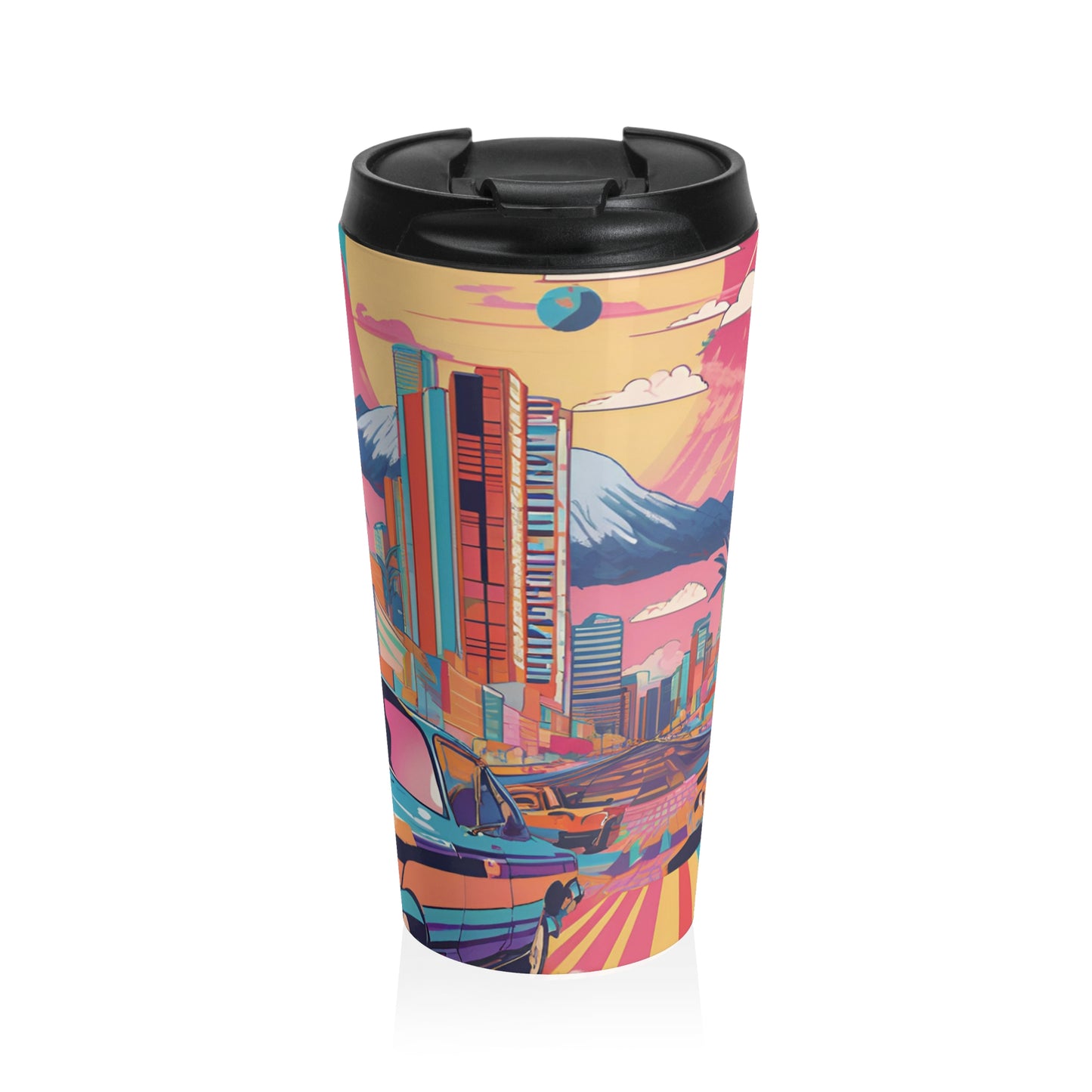 Colorful Retro Travel Mug - Vibrant Cityscape Design for Adventurers
