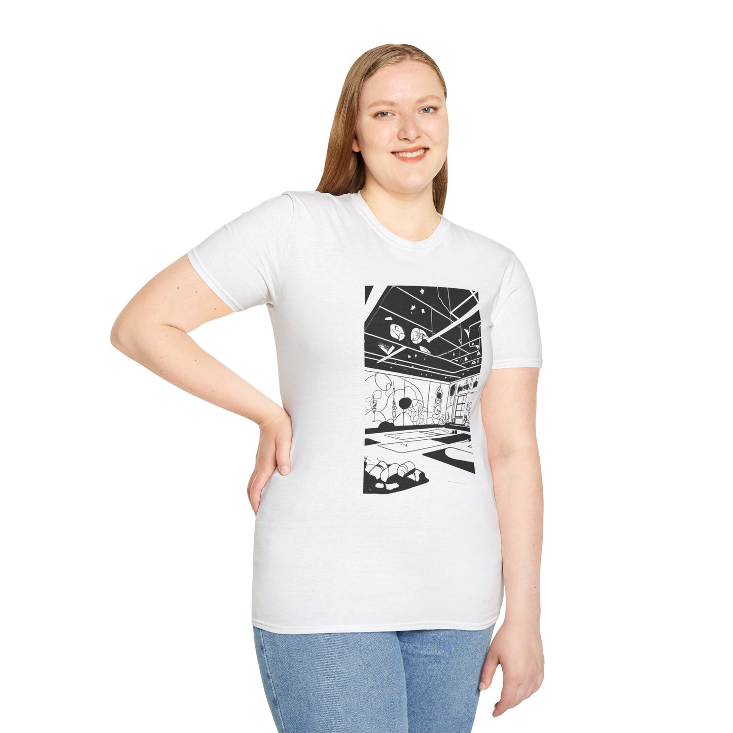 Meditative Room Unisex Softstyle T-Shirt - Minimalist Black and White Design